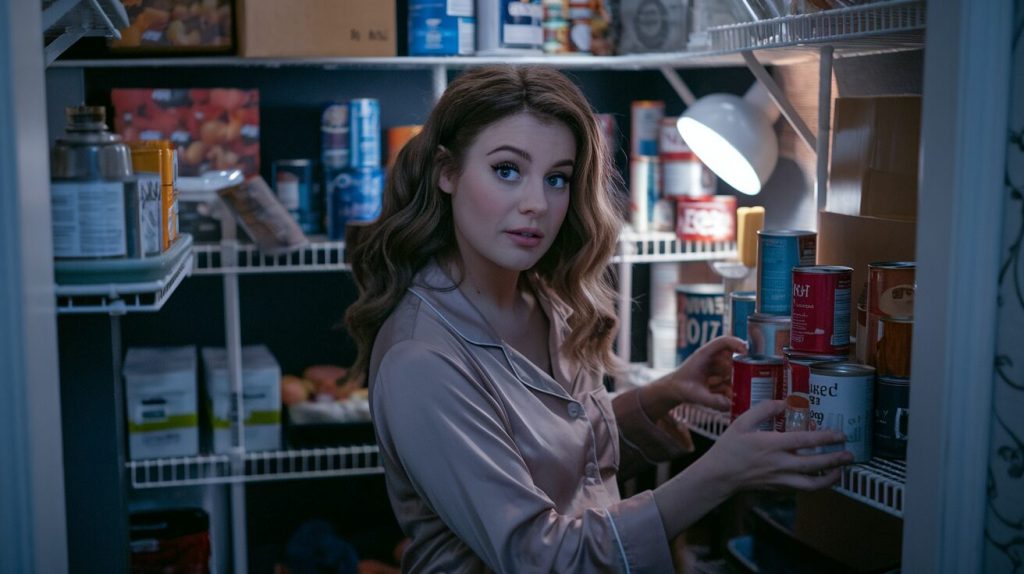 Pregnant woman reorganizing the pantry - sign of nesting